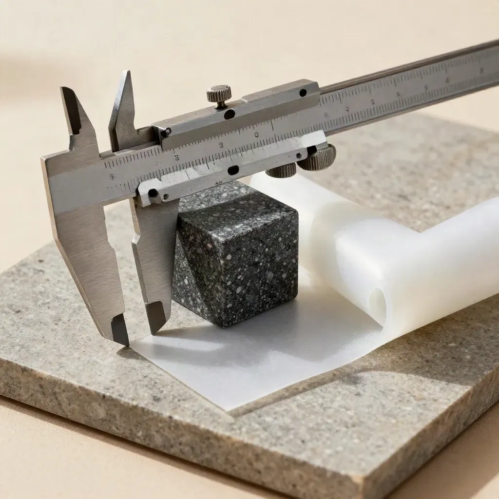 Calipers, granite cube and rolled vellum on stone, lit from above in a premium macro still life.