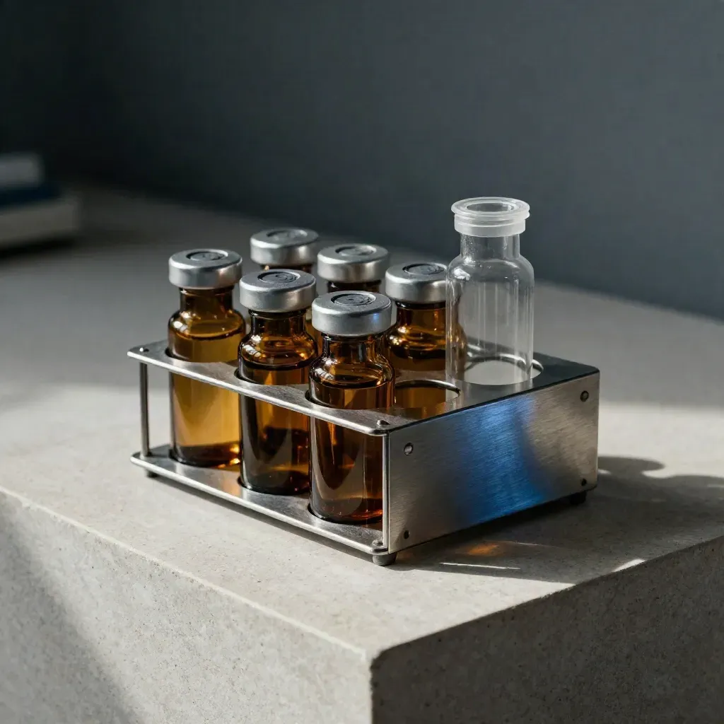 Amber sample vials and a lab rack on pale stone, lit dramatically with cool haze.