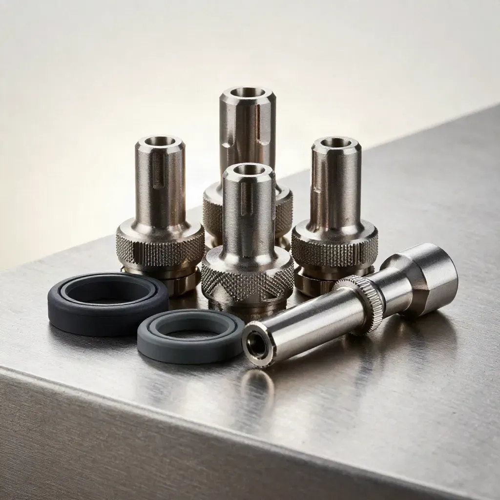 Titanium valve cores and a graphite torque driver on brushed steel, shot in tight macro.