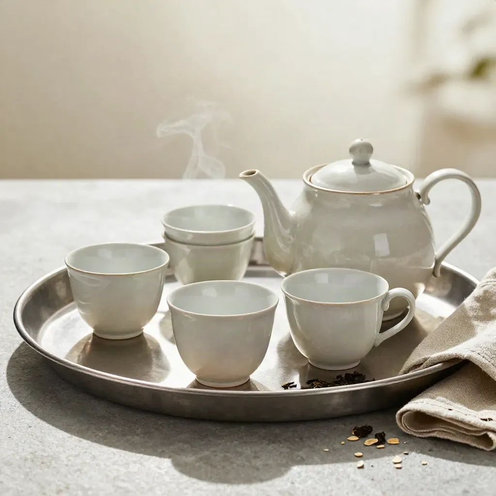 Tea service still life with brushed tray, stacked cups, steam, and soft daylight.