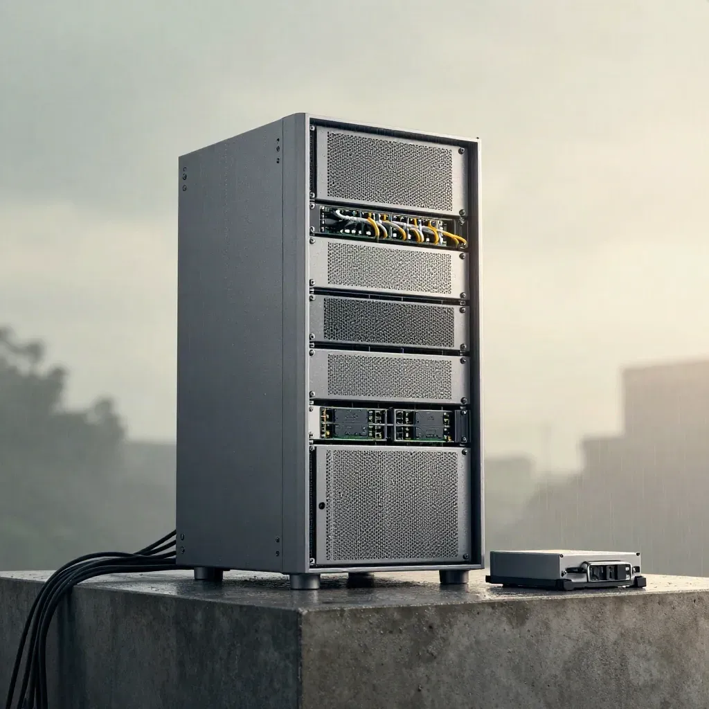 Brushed aluminium server stack with fibre leads and backup hardware on a wet concrete plinth at dawn.