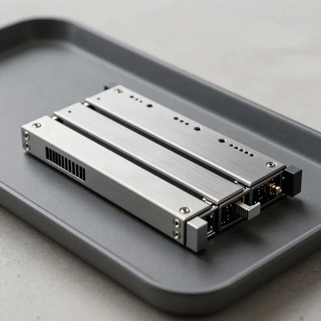 Macro of a brushed-aluminium server sled with two SSD carriers and a cable clip on graphite.