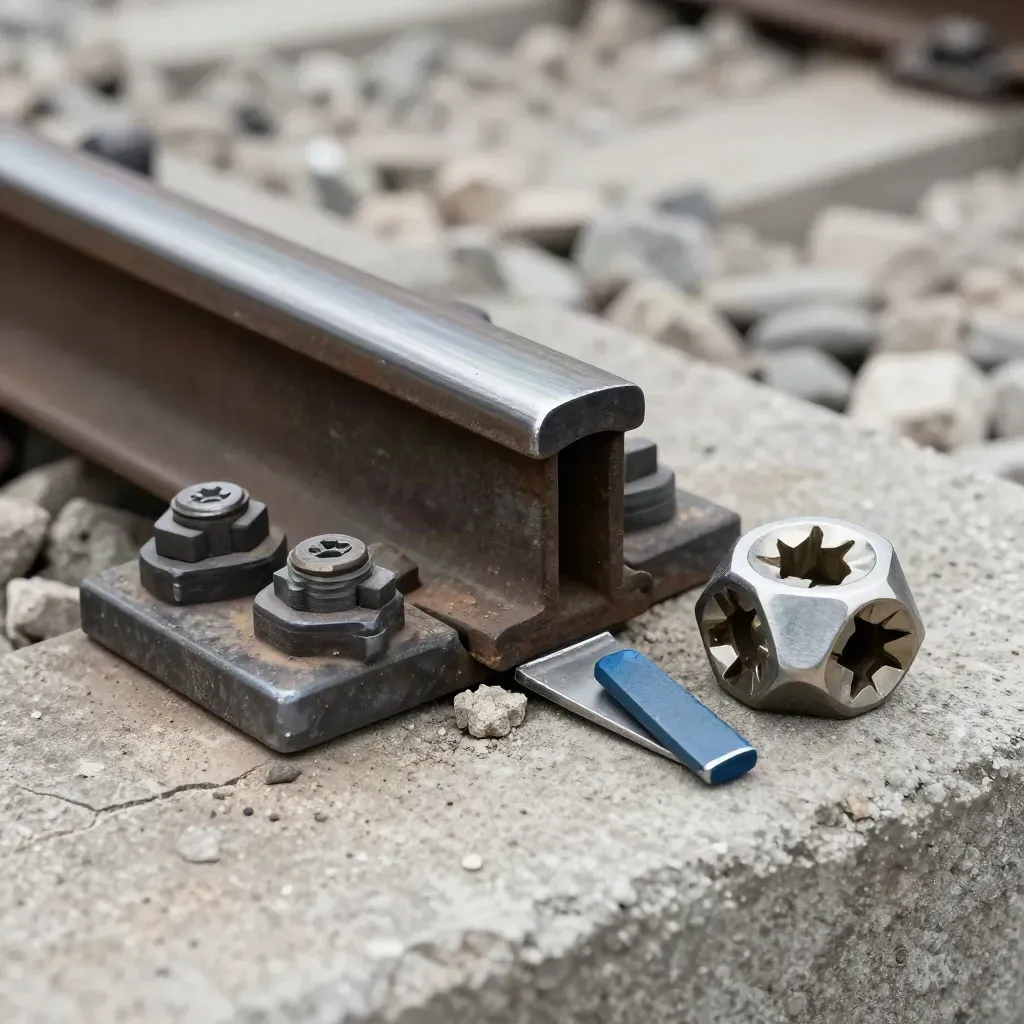 Rail fasteners, joining plate and torque socket on weathered concrete in a low-angle macro still life.