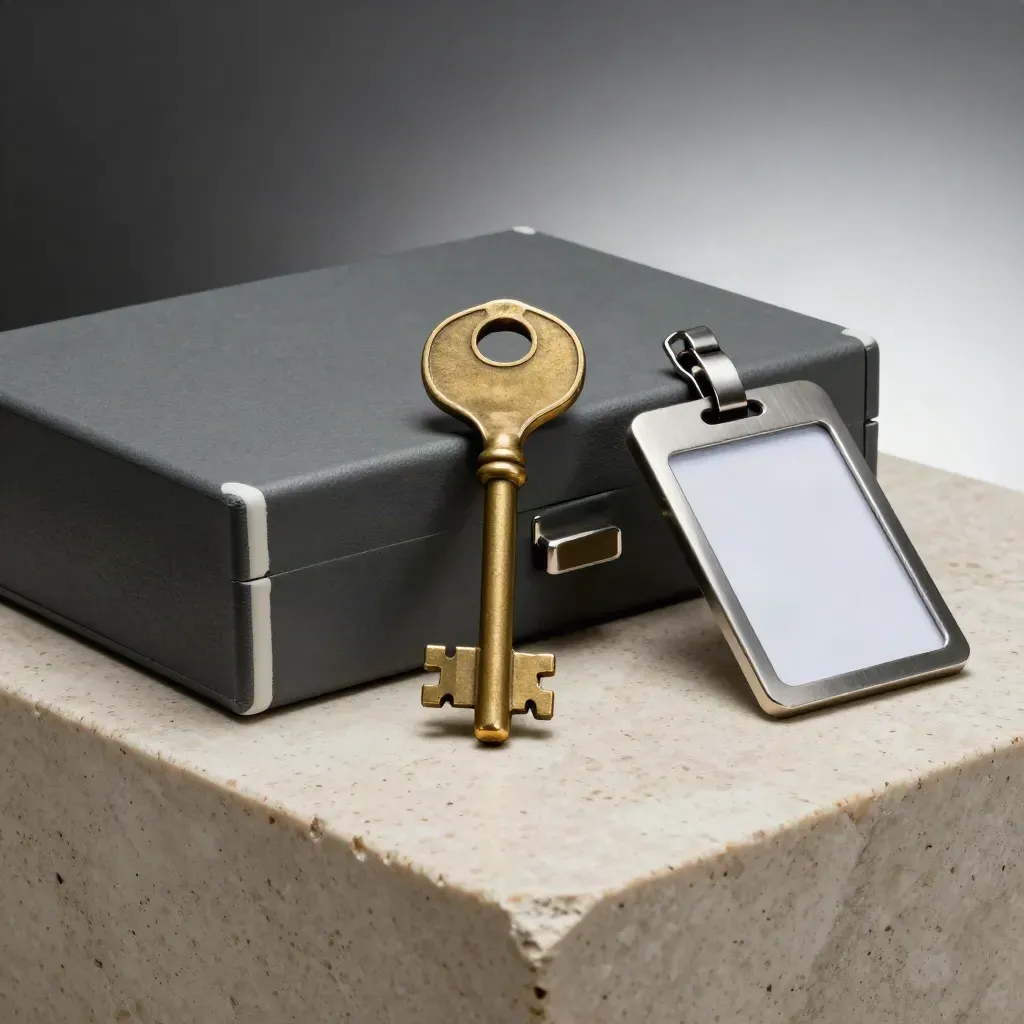 Brass keys, archive trays and badge cradle on pale travertine in dramatic light