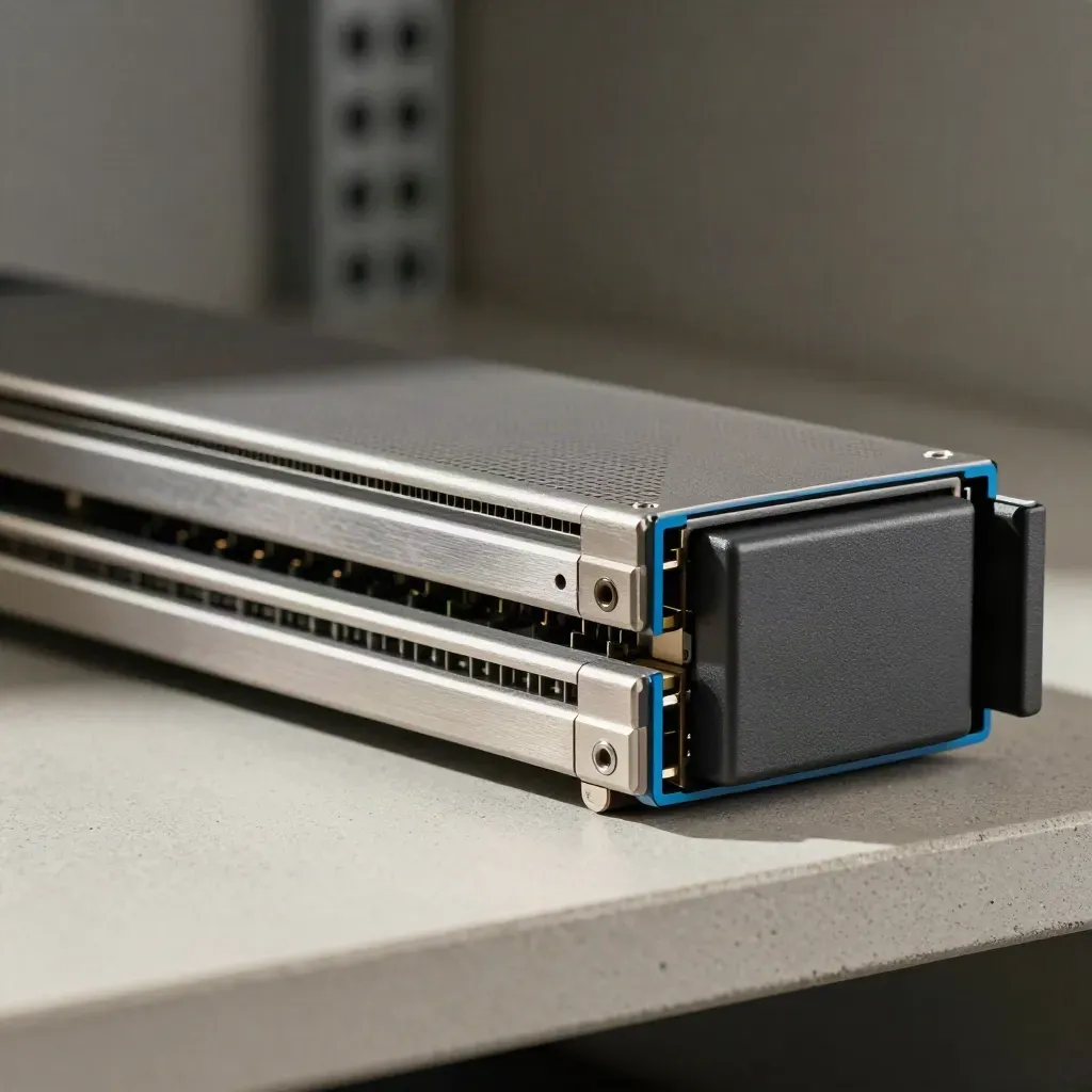Blade server cartridge, spacer rails and power block on concrete under dramatic studio light.