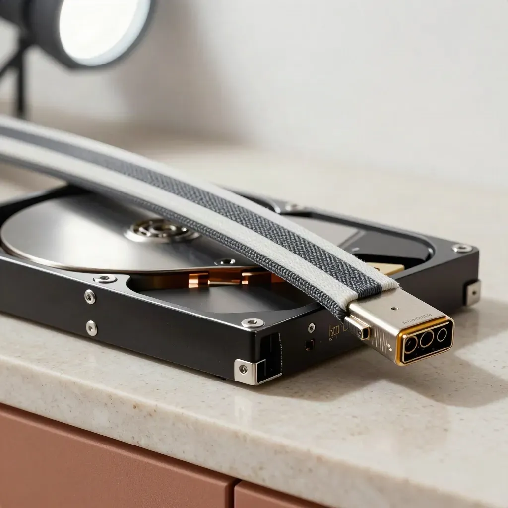 Fibre patch lead, SSD caddy and adapter block on pale stone with soft rim light.