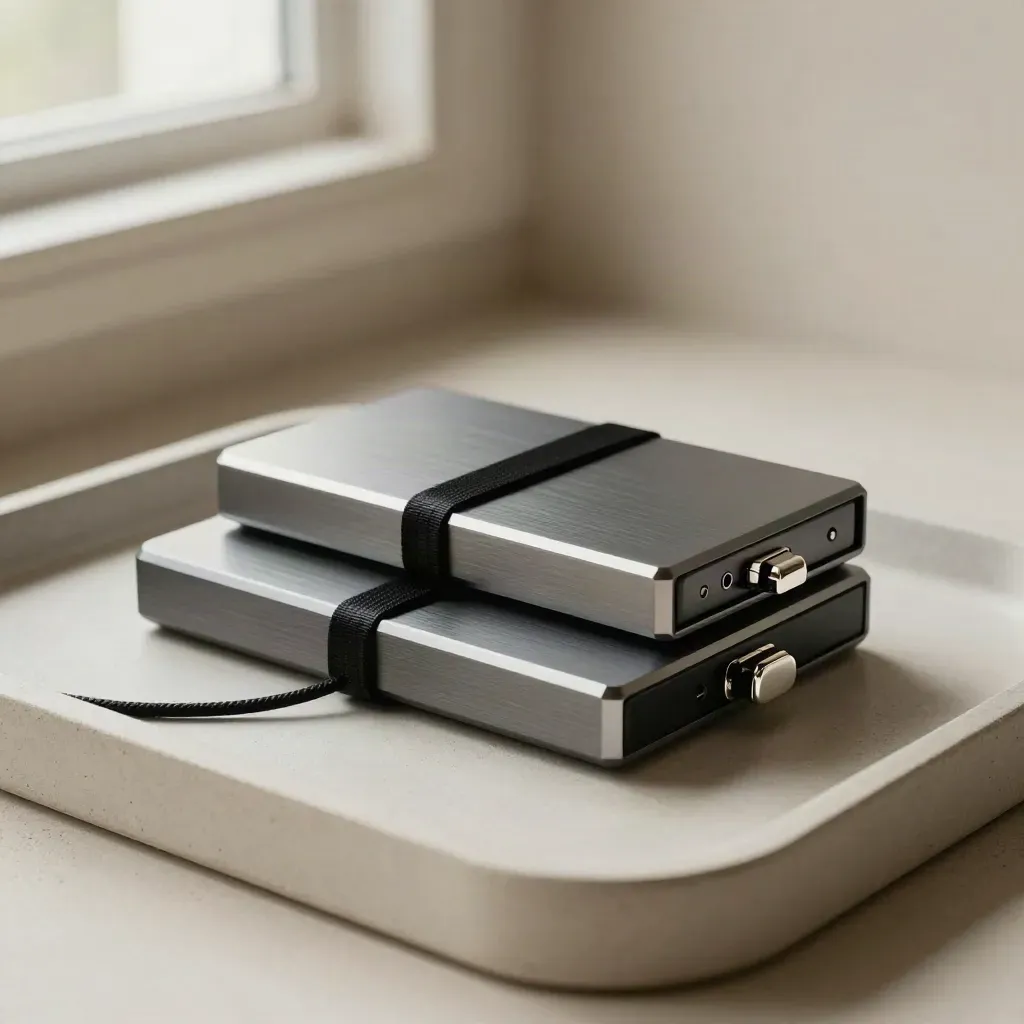 Mirrored backup drives with latch and cable tie on a pale concrete tray.