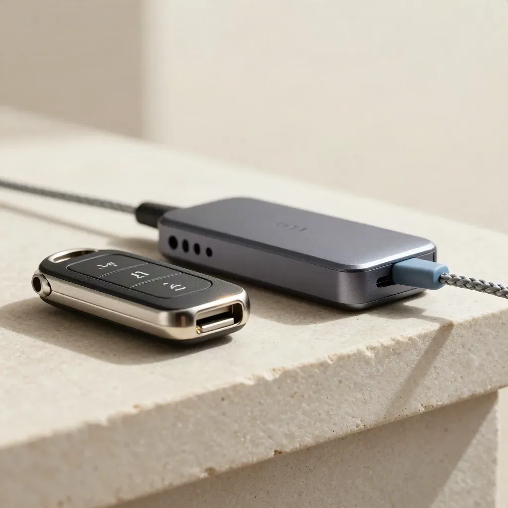 Hardware security key, USB-C dock puck and cable organiser in a tight macro still life.