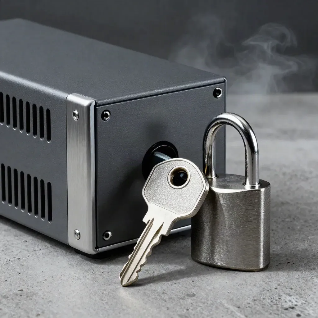 Firewall appliance with MFA key and lock cylinder on concrete, lit dramatically.