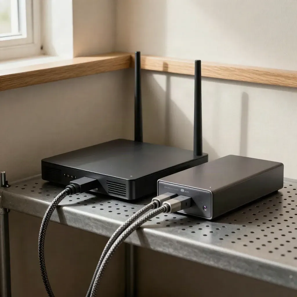 Router, external SSD and backup box on an SME shelf seen through a blurred cable loop.