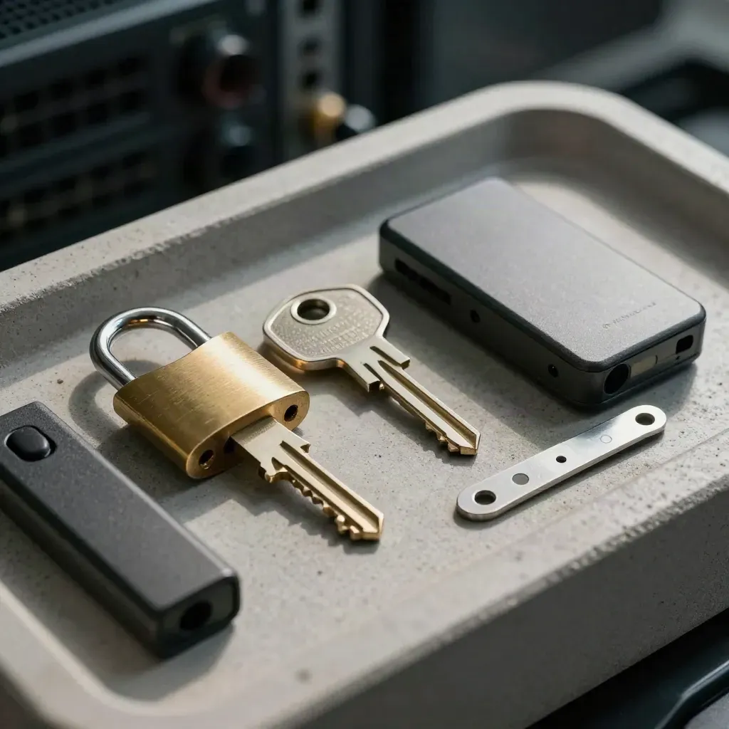 Hardware key, padlock and backup drive on concrete in a tight macro close-up