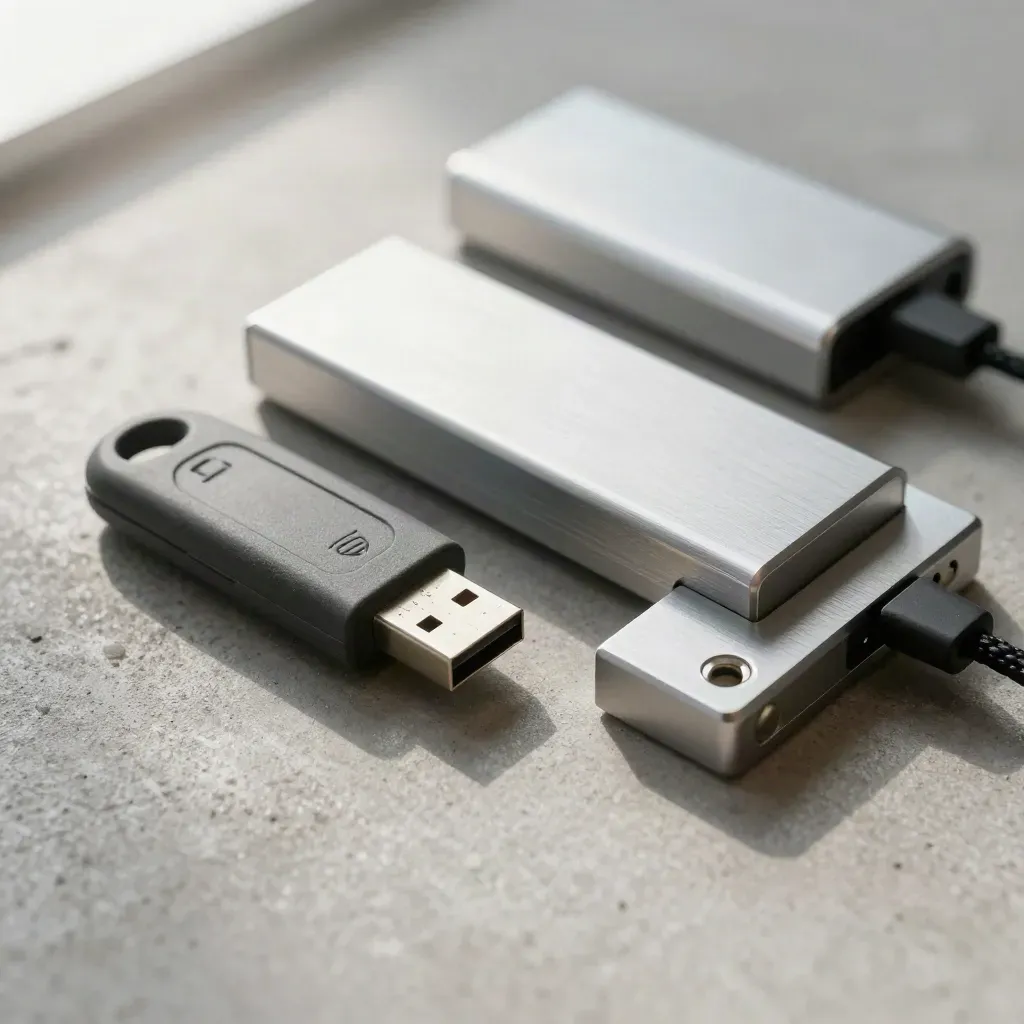 Secure USB key, sealed backup drive and dock cradle on graphite concrete, seen through a rack edge.