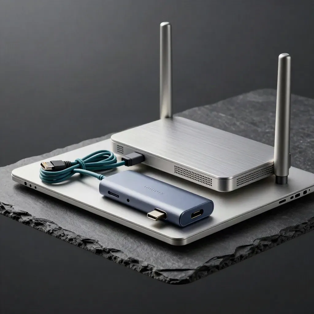 Closed laptop, travel router, dock puck and USB-C hub on slate with teal cable.