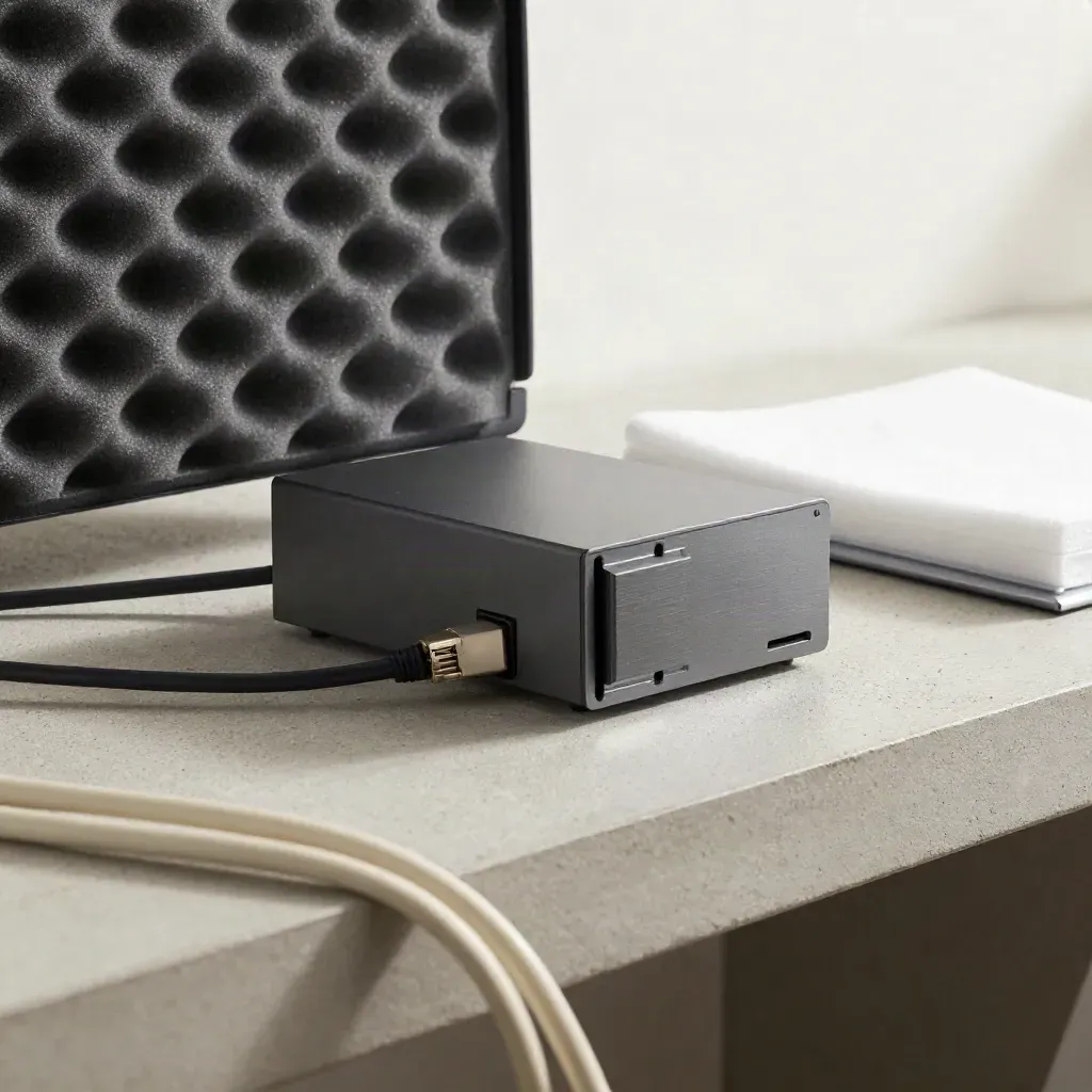 Mini server, slim switch, power brick and SSD cases packed amid cables on a pale concrete bench.