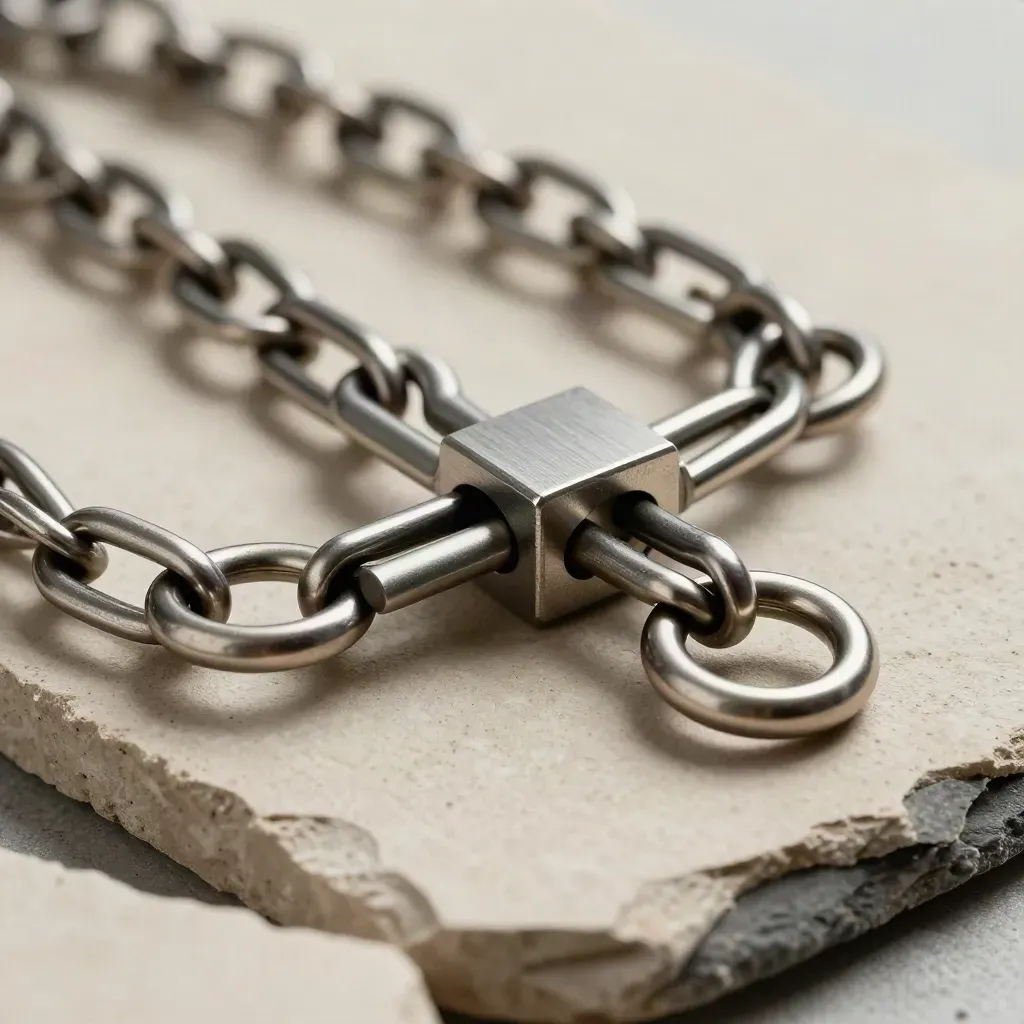 Brushed-metal rings and a connector block snapping into a linked chain on an oatmeal slab.
