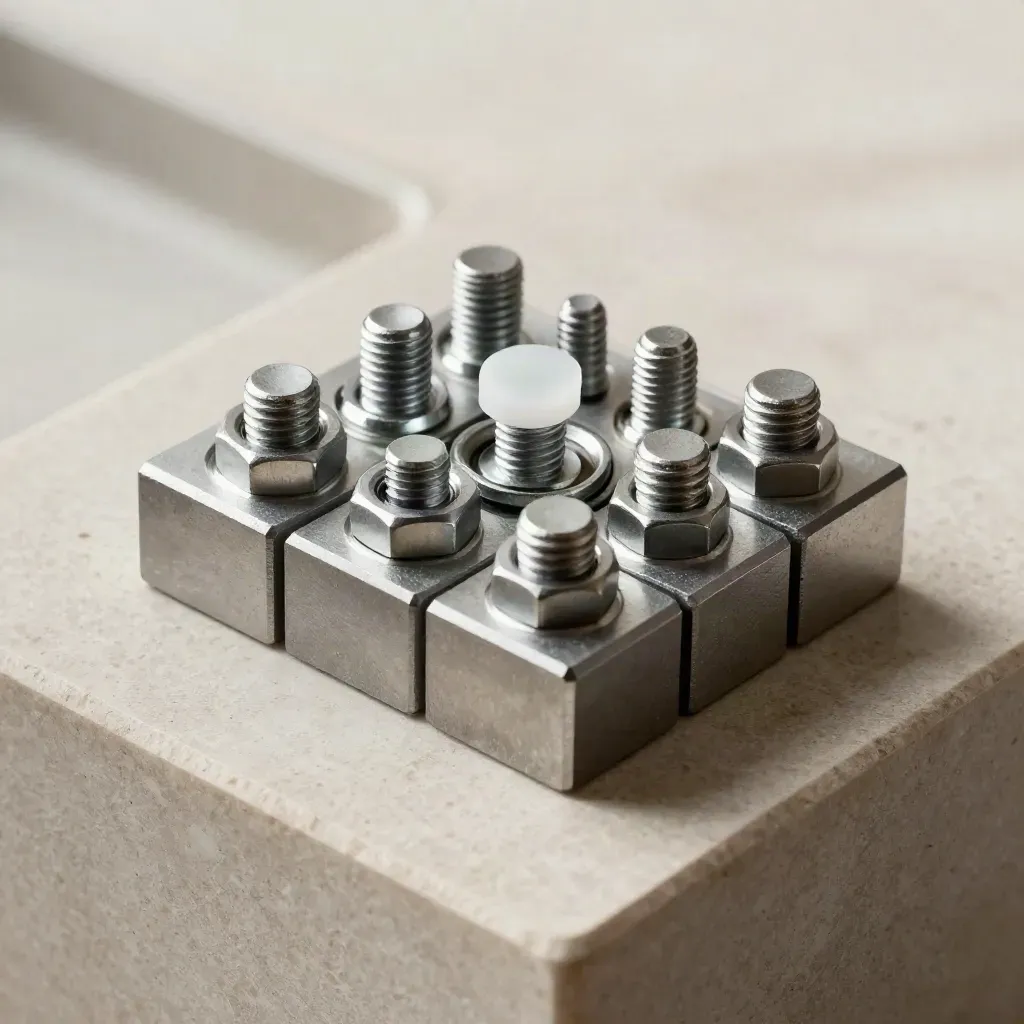 Macro grid of machined spacer blocks and hex fasteners on pale limestone.