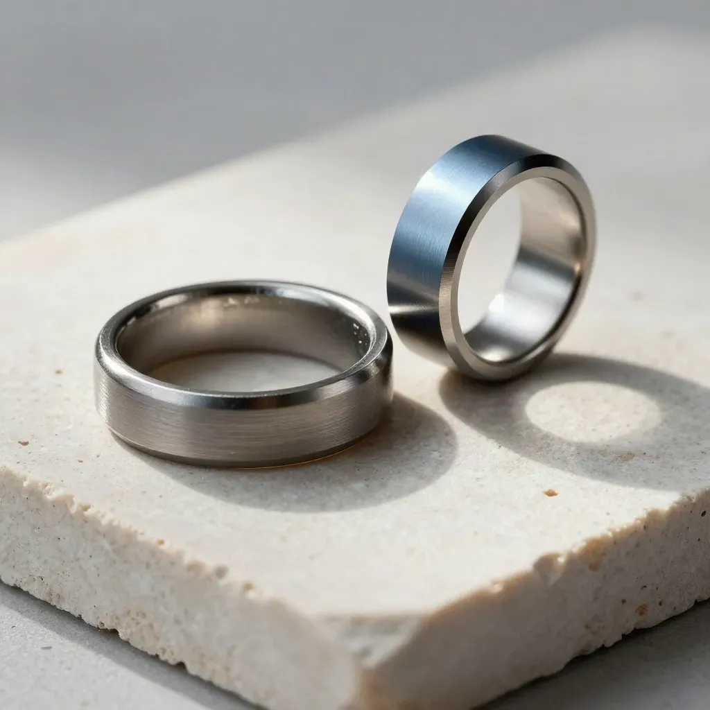 Linked anodized rings and rail connectors sliding together on pale limestone.