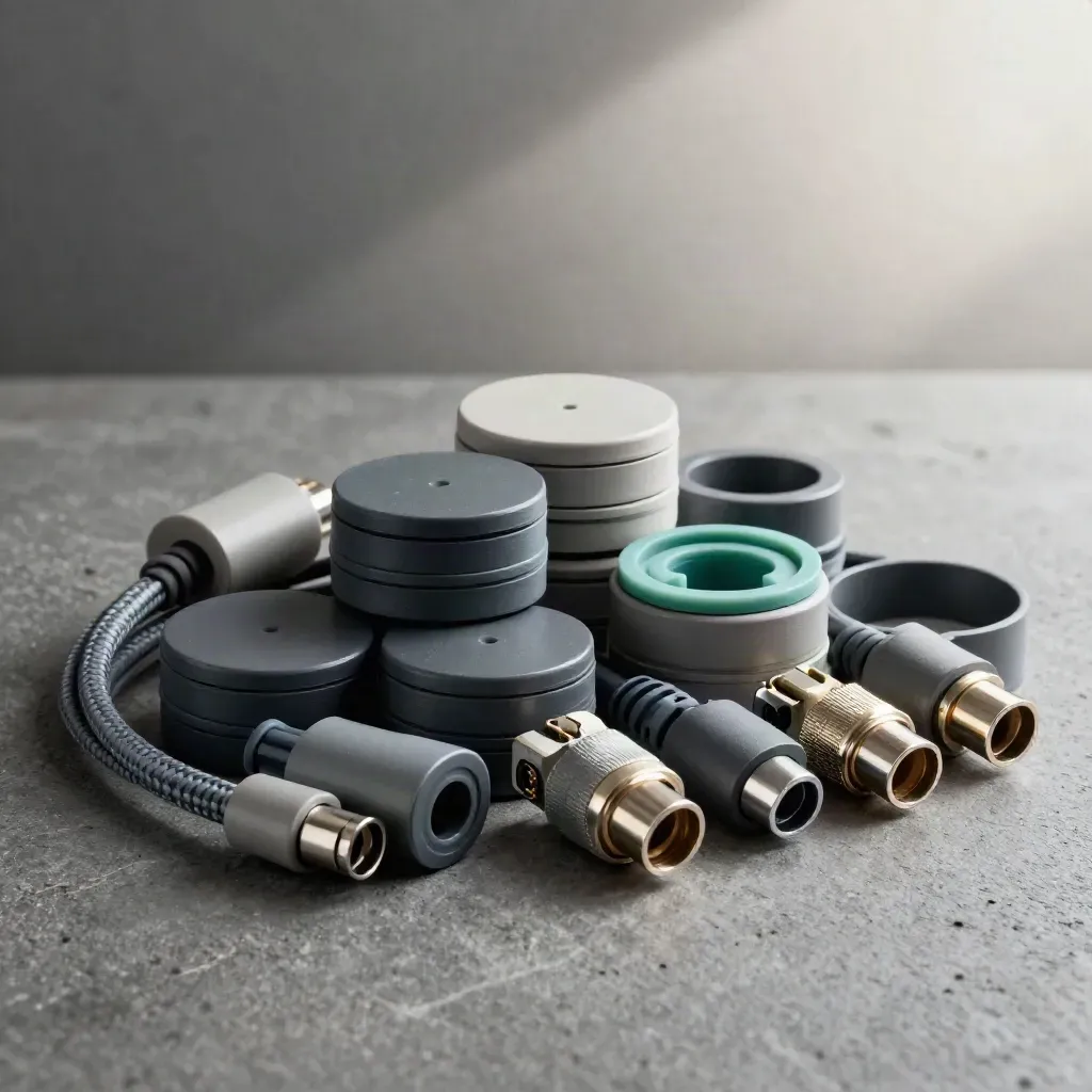 Sensor pucks and cable couplers arranged on charcoal concrete with teal accents and soft daylight.