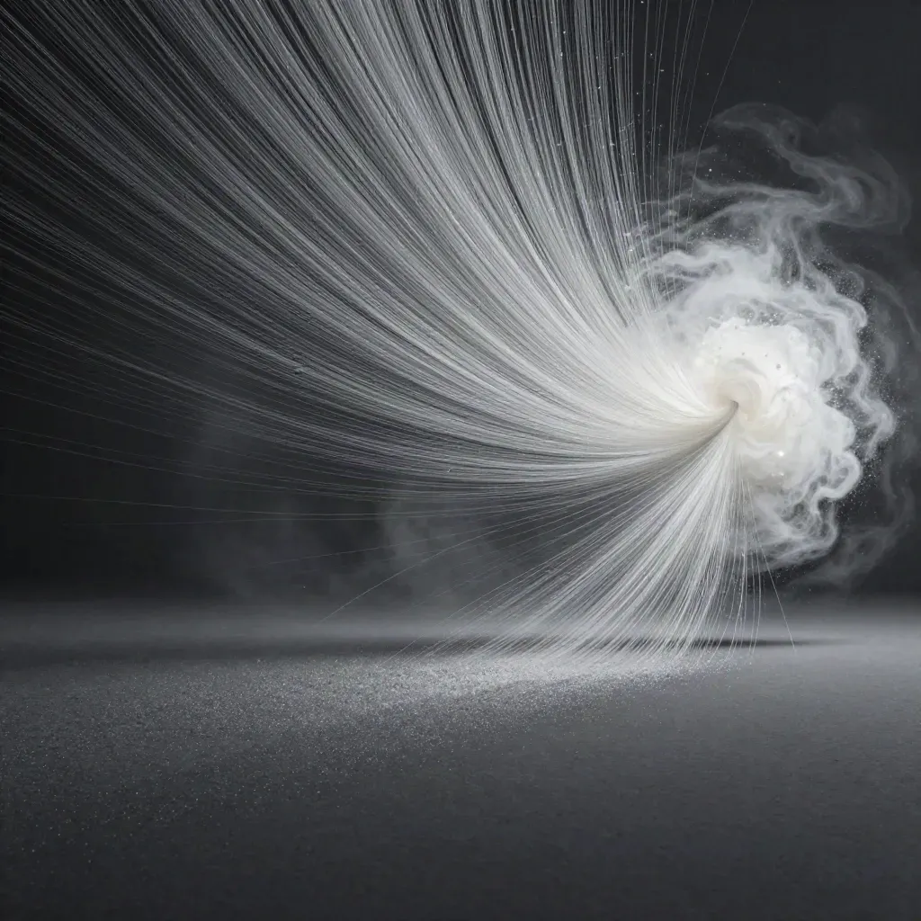 Silver filaments stream into a white bloom in graphite haze.